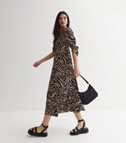 New Look Brown Zebra Print Shirred 3/4 Sleeve Midi Dress